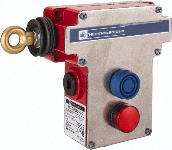 Telemecanique Sensors - 10 Amp, 2NO/2NC Configuration, Rope Operated Limit Switch - Pushbutton Reset, Rope Pull, Pilot Light Indicator, 300 VAC - Benchmark Tooling