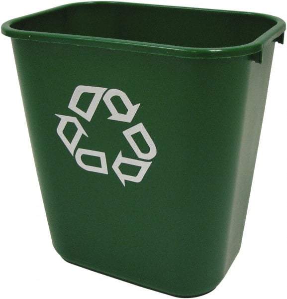 Rubbermaid - 28 Qt Green Rectangle Recycling Container - Plastic, Universal Recycling Symbol Graphic, 14.38" High x 10-1/4" Long x 15" Wide - Benchmark Tooling