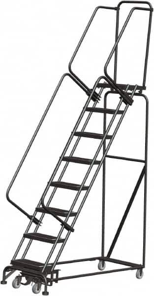 Ballymore - 113" 8 Step Rolling Warehouse Ladder - Lock Step Rolling Safety Ladder, 450 Lb Capacity, 80" Platform Height, 24" Base Width x 61" Base Depth, Perforated Tread - Benchmark Tooling