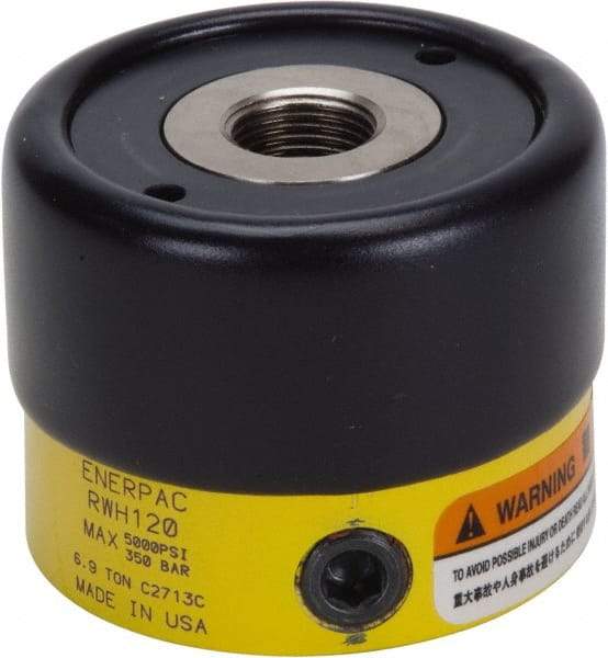 Enerpac - 6.9 Ton, 0.32" Stroke, 0.86 Cu In Oil Capacity, Portable Hydraulic Hollow Hole Cylinder - 2.76 Sq In Effective Area, 2.22" Lowered Ht., 2.54" Max Ht., 1.375" Plunger Rod Diam, 5,000 Max psi - Benchmark Tooling