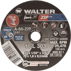WALTER Surface Technologies - 3" Aluminum Oxide Cutoff Wheel - 1/32" Thick, 3/8" Arbor, 25,470 Max RPM, Use with Die Grinders - Benchmark Tooling