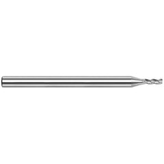 Corner Radius End Mill: 0.031″ Dia, 3/64″ LOC, 0.003″ Radius, 3 Flutes, Solid Carbide 1-1/2″ OAL, 1/8″ Shank Dia, 42 ° Helix, Bright/Uncoated, Corner Radius End