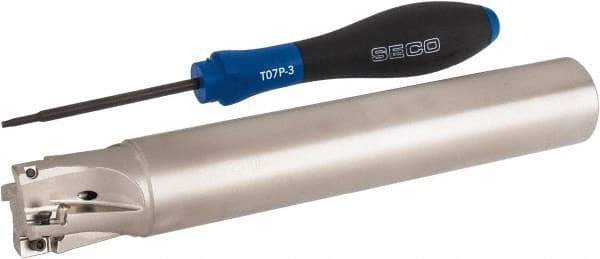 Seco - 1" Cut Diam, 0.354" Max Depth of Cut, 1" Shank Diam, 6.693" OAL, Indexable Square Shoulder End Mill - XO.X 10T3.. Inserts, Cylindrical Shank, 90° Lead Angle, Through Coolant, Series Turbo 10 - Benchmark Tooling