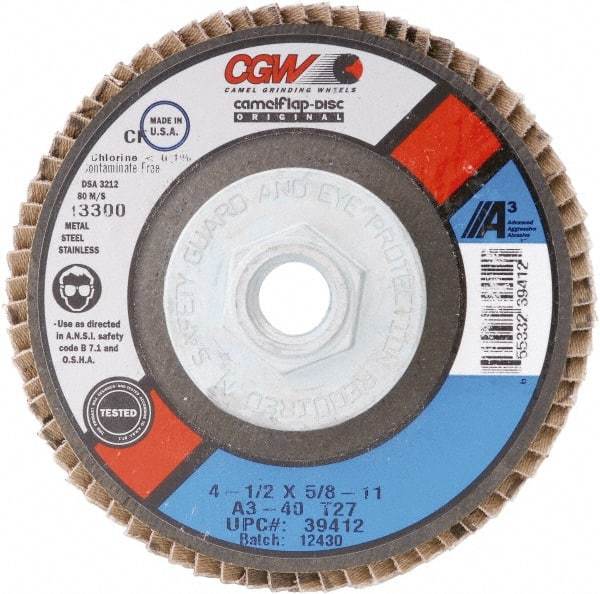 Camel Grinding Wheels - 60 Grit, 4" Disc Diam, 3/8-24 Center Hole, Type 27 Aluminum Oxide Flap Disc - 15,300 Max RPM, Polyester Backing, Arbor Attaching System, Coated - Benchmark Tooling