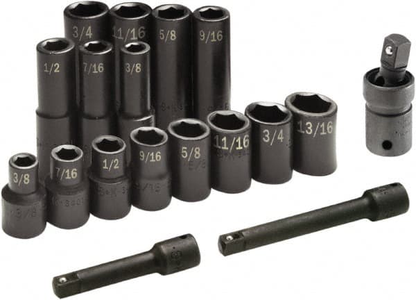 SK - 17 Piece 1/2" Drive Standard Deep Impact Socket Set - 6 Points, 3/8 to 3/4", Inch Measurement Standard - Benchmark Tooling