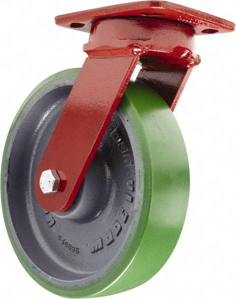 Hamilton - 8" Diam x 2" Wide x 9-1/2" OAH Top Plate Mount Swivel Caster - Polyurethane, 1,500 Lb Capacity, Sealed Precision Ball Bearing, 4 x 5" Plate - Benchmark Tooling