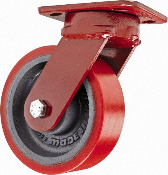 Hamilton - 6" Diam x 2" Wide x 7-1/2" OAH Top Plate Mount Swivel Caster with Brake - Polyurethane, 1,400 Lb Capacity, Sealed Precision Ball Bearing, 4 x 5" Plate - Benchmark Tooling