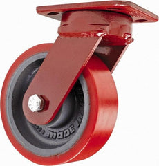 Hamilton - 6" Diam x 2" Wide x 7-1/2" OAH Top Plate Mount Swivel Caster with Brake - Polyurethane, 1,400 Lb Capacity, Sealed Precision Ball Bearing, 4 x 5" Plate - Benchmark Tooling