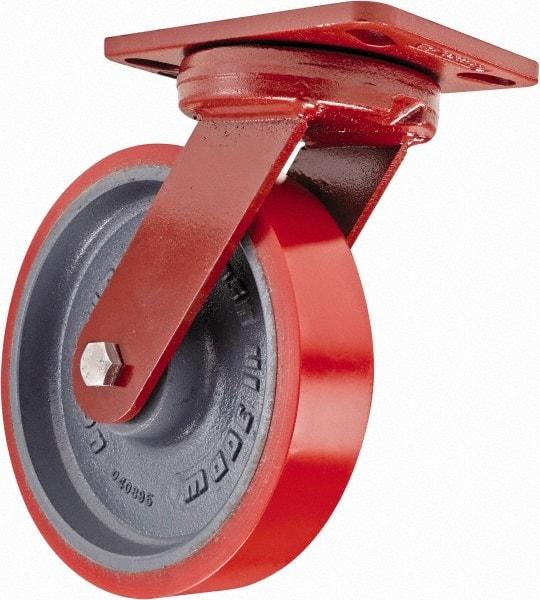 Hamilton - 8" Diam x 2" Wide x 9-3/4" OAH Top Plate Mount Swivel Caster - Polyurethane, 1,800 Lb Capacity, Sealed Precision Ball Bearing, 4-1/2 x 6-1/2" Plate - Benchmark Tooling