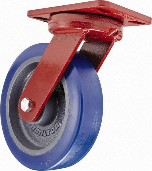 Hamilton - 8" Diam x 2" Wide x 9-3/4" OAH Top Plate Mount Swivel Caster with Brake - Polyurethane, 1,200 Lb Capacity, Sealed Precision Ball Bearing, 4-1/2 x 6-1/2" Plate - Benchmark Tooling