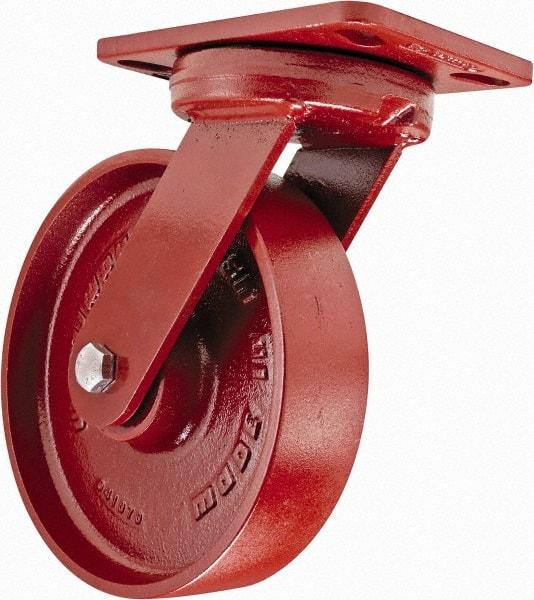 Hamilton - 8" Diam x 2" Wide x 9-3/4" OAH Top Plate Mount Swivel Caster with Brake - Steel, 1,500 Lb Capacity, Sealed Precision Ball Bearing, 4-1/2 x 6-1/2" Plate - Benchmark Tooling