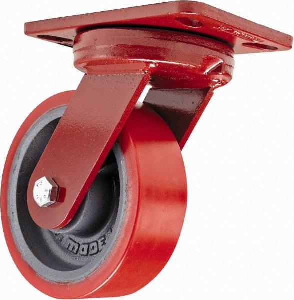 Hamilton - 6" Diam x 2" Wide x 7-3/4" OAH Top Plate Mount Swivel Caster with Brake - Polyurethane, 1,400 Lb Capacity, Sealed Precision Ball Bearing, 4-1/2 x 6-1/2" Plate - Benchmark Tooling