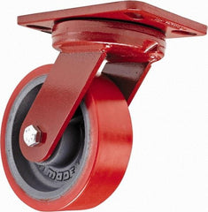 Hamilton - 6" Diam x 2" Wide x 7-3/4" OAH Top Plate Mount Swivel Caster with Brake - Polyurethane, 1,400 Lb Capacity, Sealed Precision Ball Bearing, 4-1/2 x 6-1/2" Plate - Benchmark Tooling