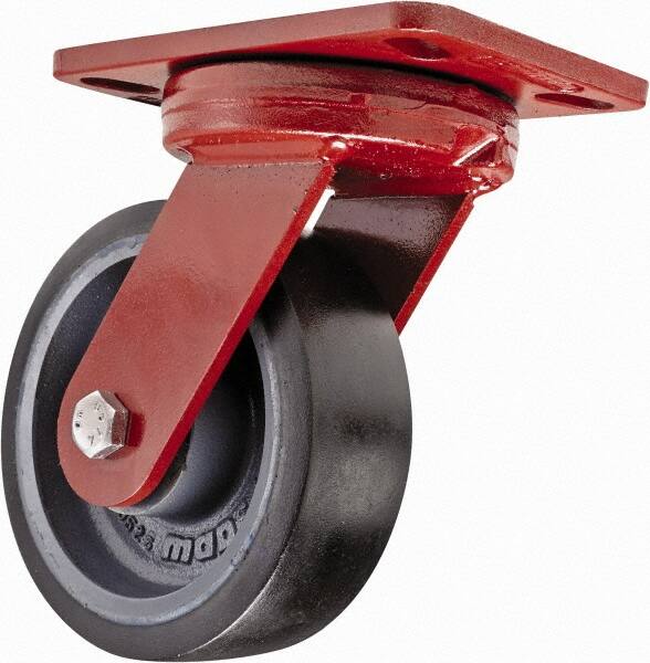 Hamilton - 6" Diam x 2" Wide x 7-3/4" OAH Top Plate Mount Swivel Caster with Brake - Polyurethane, 1,560 Lb Capacity, Sealed Precision Ball Bearing, 4-1/2 x 6-1/2" Plate - Benchmark Tooling