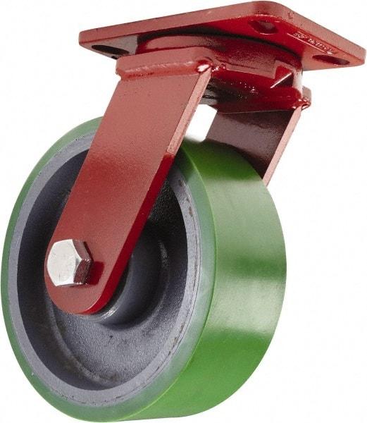 Hamilton - 8" Diam x 3" Wide x 10-1/4" OAH Top Plate Mount Swivel Caster - Polyurethane, 2,500 Lb Capacity, Sealed Precision Ball Bearing, 4-1/2 x 6-1/2" Plate - Benchmark Tooling