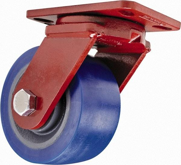 Hamilton - 8" Diam x 3" Wide x 10-1/4" OAH Top Plate Mount Swivel Caster - Polyurethane, 2,700 Lb Capacity, Sealed Precision Ball Bearing, 4-1/2 x 6-1/2" Plate - Benchmark Tooling