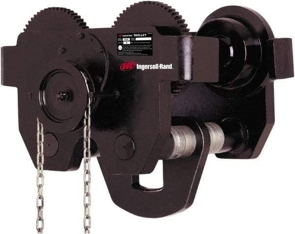 Ingersoll-Rand - 10 Ton Capacity Geared Ball Bearing Trolley - 7" to 13" Flange Width, 5.9" Wheel Diam, 10" to 24" I-Beam, 83" Min Radius - Benchmark Tooling