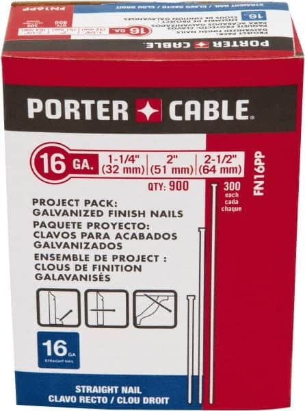 Porter-Cable - 16 Gauge 2-1/2" Long Finishing Nails for Power Nailers - Steel, Galvanized Finish, Smooth Shank, Straight Stick Collation, Chisel Point - Benchmark Tooling