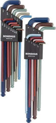 Bondhus - 22 Piece L-Key Ball End Hex Key Set - Hex Range 0.05 to 3/8", 8.4" OAL - Benchmark Tooling