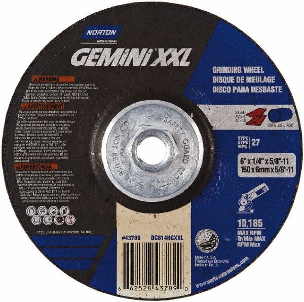Norton - 24 Grit, 6" Wheel Diam, 1/4" Wheel Thickness, Type 27 Depressed Center Wheel - Aluminum Oxide, 13,580 Max RPM - Benchmark Tooling