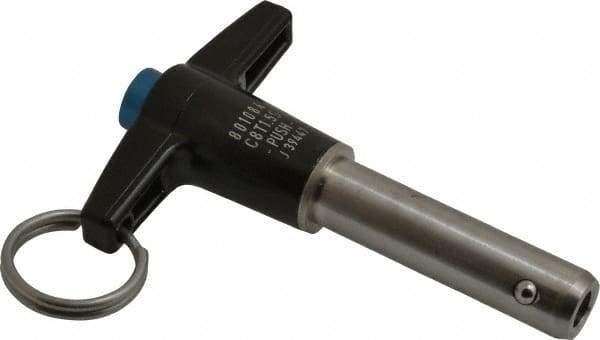 Jergens - 1/2" Diam, 1-1/2" Usable Length, T Handle, Push Button Quick Release Pin - 3-5/8" Overall Length, Grade 17-4 Stainless Steel, Passivated Finish - Benchmark Tooling