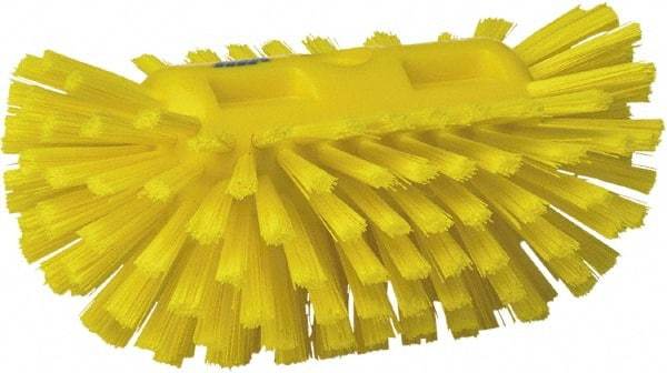 Vikan - 1-1/2" Bristle Length, Polyester Utility Scrub Brush - 5-1/2" Wide Head, 8" OAL, European Threaded Handle, Yellow, Polypropylene Block - Benchmark Tooling