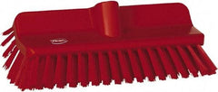 Vikan - 1-1/2" Bristle Length, Polyester Cleaning & Finishing Brush - 9-5/8" Long x 5" Wide Head, 10" OAL, European Threaded Handle, Red, Polypropylene Block - Benchmark Tooling