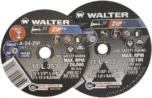 WALTER Surface Technologies - 4" 24 Grit Aluminum Oxide Cutoff Wheel - 1/4" Thick, 3/8" Arbor, 19,100 Max RPM, Use with Die Grinders - Benchmark Tooling