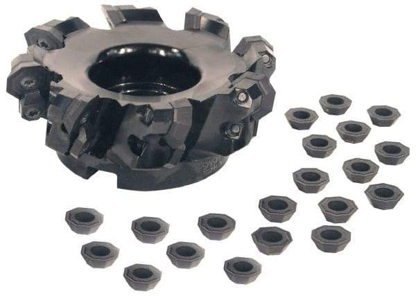 Kennametal - 4" Cut Diam, 1-1/4" Arbor Hole, 5mm Max Depth of Cut, 43° Indexable Chamfer & Angle Face Mill - 8 Inserts, OF.T 07L6... Insert, Right Hand Cut, 8 Flutes, Through Coolant, Series KSOM - Benchmark Tooling