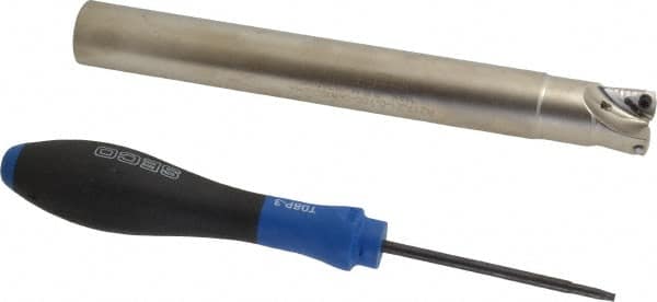 Seco - 3/4" Cut Diam, 0.04" Max Depth, 3/4" Shank Diam, Cylindrical Shank Indexable High-Feed End Mill - Screw Holding Method, 218.19-100.. Insert, R217.21 Toolholder, Through Coolant - Benchmark Tooling