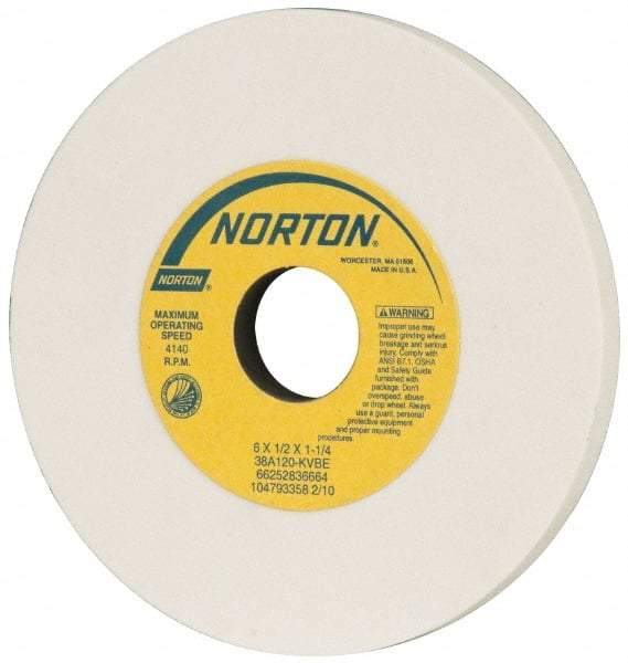 Norton - 6" Diam x 1-1/4" Hole x 1/2" Thick, K Hardness, 120 Grit Surface Grinding Wheel - Aluminum Oxide, Type 1, Fine Grade, 4,140 Max RPM, Vitrified Bond, No Recess - Benchmark Tooling