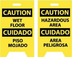 NMC - Caution - Wet Floor, Caution - Hazardous Area, 12" Wide x 20" High, Plastic Floor Sign - English/Spanish, A-Frame, Black on Yellow, For Restroom, Janitorial & Housekeeping - Benchmark Tooling