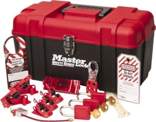 Master Lock - 13 Piece Electrical Lockout Kit - 1-1/2 Inch Vertical Shackle Clearance, 1/4 Inch Shackle Diameter, Keyed Alike Comes in Tool Box - Benchmark Tooling