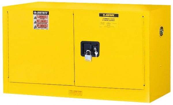 Justrite - 2 Door, 1 Shelf, Yellow Steel Stackable Safety Cabinet for Flammable and Combustible Liquids - 24" High x 43" Wide x 18" Deep, Self Closing Door, 17 Gal Capacity - Benchmark Tooling