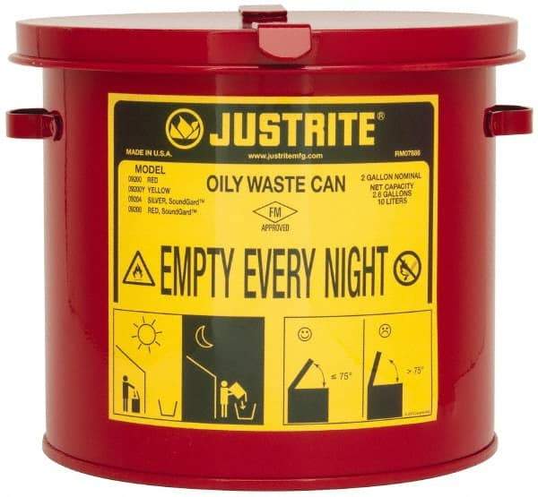 Justrite - 2 Gallon Capacity, Galvanized Steel Oily Waste Can - 9-5/8 Inch Wide/Diameter x 9-1/8 Inch High, Red, Hand Operated, Approved FM - Benchmark Tooling