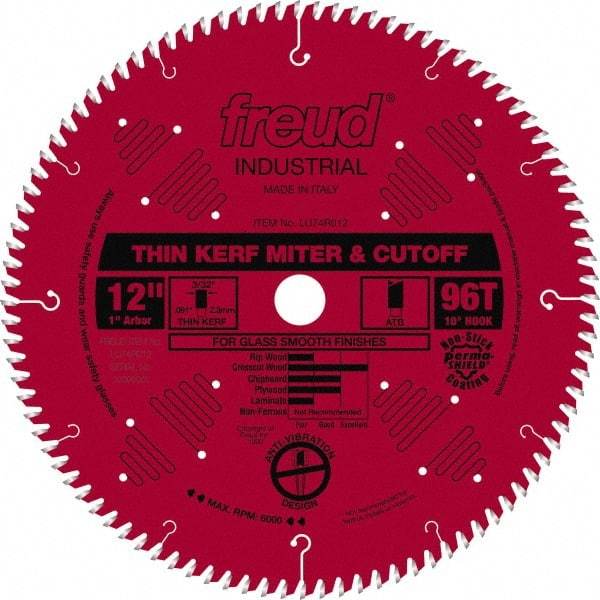 Freud - 12" Diam, 1" Arbor Hole Diam, 96 Tooth Wet & Dry Cut Saw Blade - Carbide-Tipped, Standard Round Arbor - Benchmark Tooling