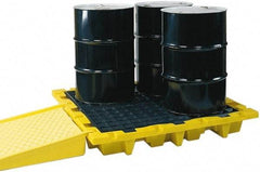 Eagle - 66 Gal Sump, 6,000 Lb Capacity, 4 Drum, Polyethylene Spill Deck or Pallet - 58-1/2" Long x 58-1/2" Wide x 13.43" High, Yellow, Liftable Fork, Drain Included, Low Profile, Vertical, 2 x 2 Drum Configuration - Benchmark Tooling