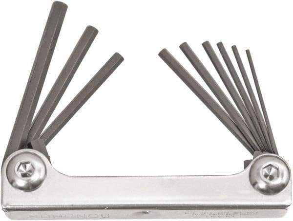 Bondhus - 9 Piece Fold-Up Ball End Hex Key Set - Hex Range 0.05 to 3/16", 4" OAL, Protanium High Torque Steel - Benchmark Tooling