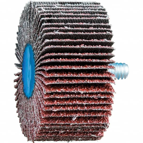 PFERD - 2" Diam x 1" Face Width, Aluminum Oxide Coated Mounted Flap Wheel - 1/4-20 Threaded Mount, 40 Grit, 23,000 Max RPM - Benchmark Tooling
