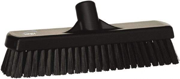 Vikan - 1.7" Bristle Length, Polyester Scrub Brush - 11-1/4" Long x 3" Wide Head, 12" OAL, European Threaded Handle, Black, Polypropylene Block - Benchmark Tooling