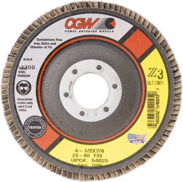 Camel Grinding Wheels - 60 Grit, 4-1/2" Disc Diam, 7/8" Center Hole, Type 27 Zirconia Alumina Flap Disc - 13,300 Max RPM, Poly Cotton Backing, Arbor Attaching System, Coated - Benchmark Tooling