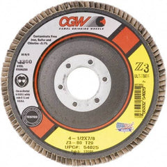 Camel Grinding Wheels - 80 Grit, 4-1/2" Disc Diam, 7/8" Center Hole, Type 27 Zirconia Alumina Flap Disc - 13,300 Max RPM, Poly Cotton Backing, Arbor Attaching System, Coated - Benchmark Tooling