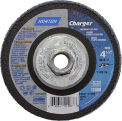 Norton - 80 Grit, 4-1/2" Disc Diam, 5/8-11 Center Hole, Type 29 Zirconia Alumina Flap Disc - 13,000 Max RPM, Fiberglass Backing, Arbor Attaching System, Coated - Benchmark Tooling