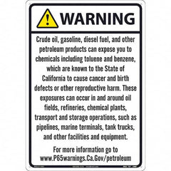 NMC - "WARNING CRUDE OIL, GASOLINE, DIESEL FUEL, AND OTHER PETROLEUM PRODUCTS CAN EXPOSE YOU TO CHEMICALS\x85", 20" Long x 14" Wide, Aluminum Safety Sign - Rectangle, 0.04" Thick, Use for Hazardous Materials - Benchmark Tooling