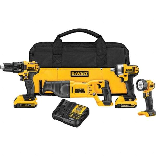 DeWALT - 20 Volt Cordless Tool Combination Kit - Includes 1/2" Drill/Driver, 1/2" Impact Wrench, Reciprocating Saw & Handheld Light, Lithium-Ion Battery Included - Benchmark Tooling