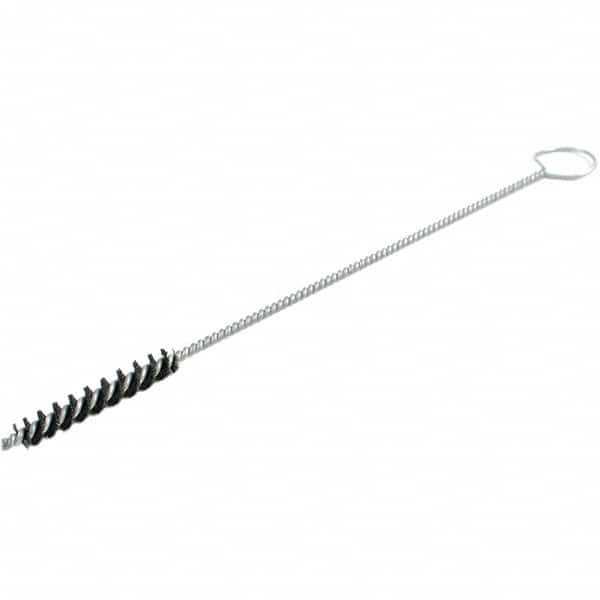 Brush Research Mfg. - 0.4" Diam Helical Nylon Tube Brush - Single Spiral, 0.012" Filament Diam, 2" Brush Length, 18" OAL, 0.219" Diam Galvanized Steel Shank - Benchmark Tooling