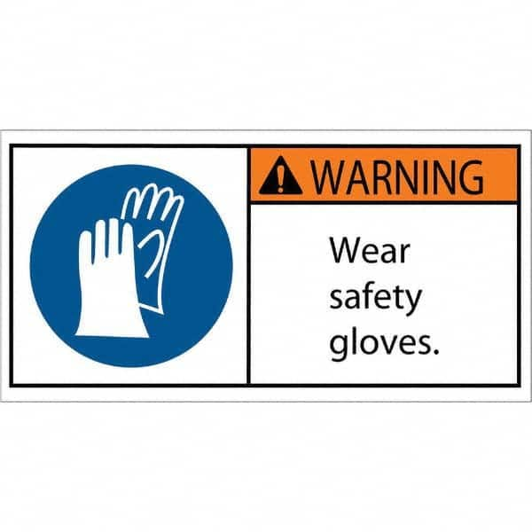 Shipping & DOT Label: ″Warning Wear safety gloves″, Rectangle, 4″ Wide, 2″ High - Polyester, Semi-Gloss