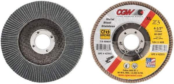 Camel Grinding Wheels - 80 Grit, 4-1/2" Disc Diam, 7/8" Center Hole, Type 29 Zirconia Alumina Flap Disc - 13,300 Max RPM, Poly Cotton Backing, Arbor Attaching System, Coated - Benchmark Tooling