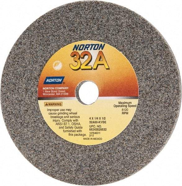 Norton - 60 Grit Aluminum Oxide Type 1 Internal Grinding Wheel - 4" Diam x 1/2" Hole x 1/4" Thick, 8,120 Max RPM, Type 1 Medium Grade, K Hardness, Vitrified Bond - Benchmark Tooling