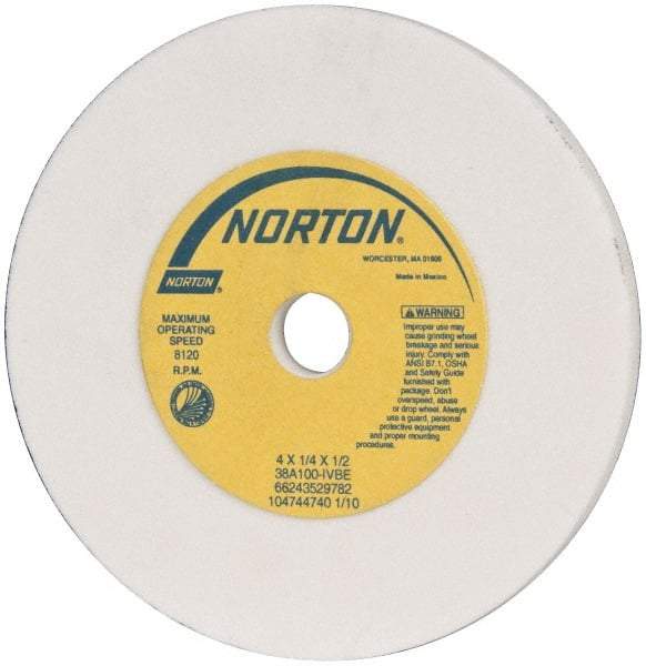 Norton - 100 Grit Aluminum Oxide Type 1 Internal Grinding Wheel - 4" Diam x 1/2" Hole x 1/4" Thick, 8,120 Max RPM, Type 1 Fine Grade, I Hardness, Vitrified Bond, No Recess - Benchmark Tooling